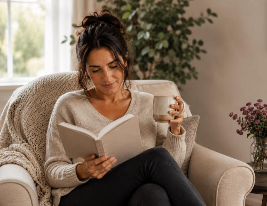 Woman reading book with cup of coffee